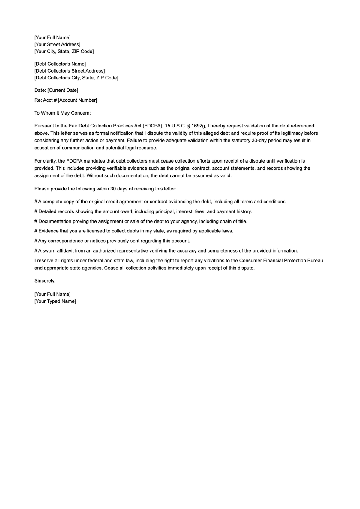 Formal debt validation letter under Fair Debt Collection Practices Act_variant_3